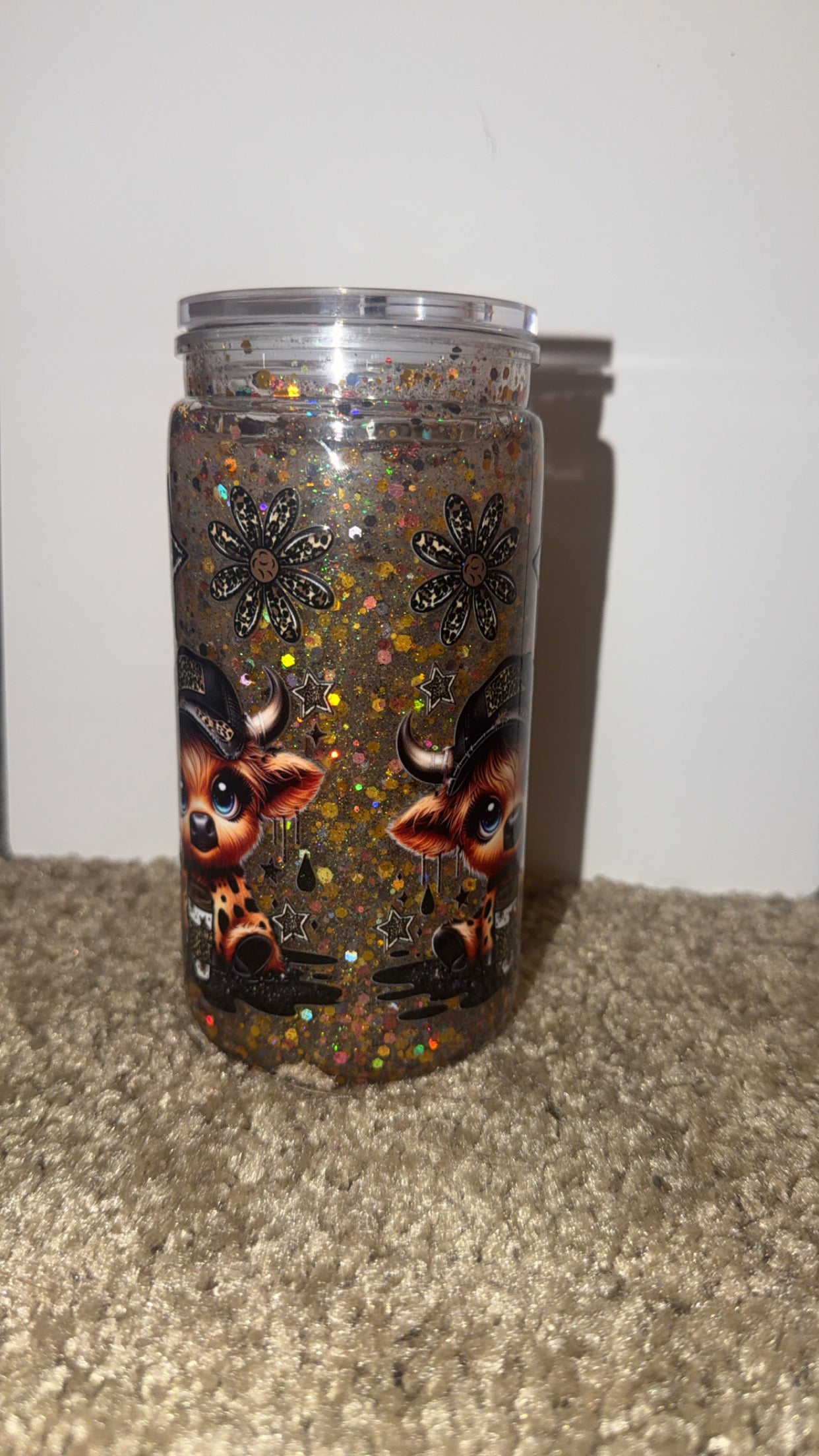 Brown cow glow in the dark snowglobe tumbler