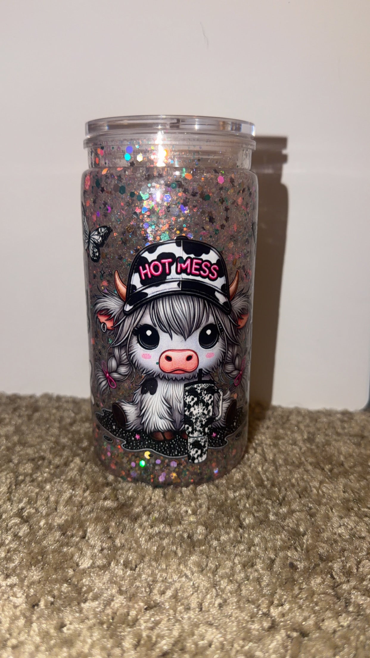 Hot mess cow snowglobe tumbler